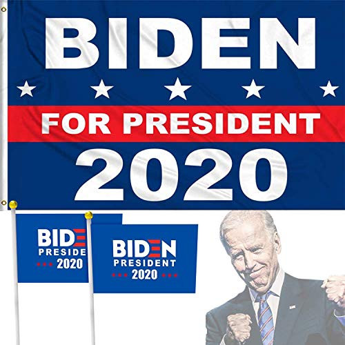 Joe Biden Flag for 2020 Election- 1PCS Large Biden Flag 3x5 Feet   and  2PCS Mini Handheld Stick Flag 5.5x8.2 Inch   2020 American Presidential Election Democrat Party Banner Sign  Biden Supporters Decor