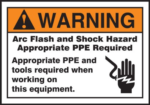 Accuform Signs LELC309 Safety Label  Legend "WARNING ARC FLASH AND SHOCK HAZARD APPROPRIATE PPE REQUIRED..." with Graphic  3.5" Length x 5" Width x 0.006" Thickness  Adhesive Dura-Vinyl  Orange Black on White