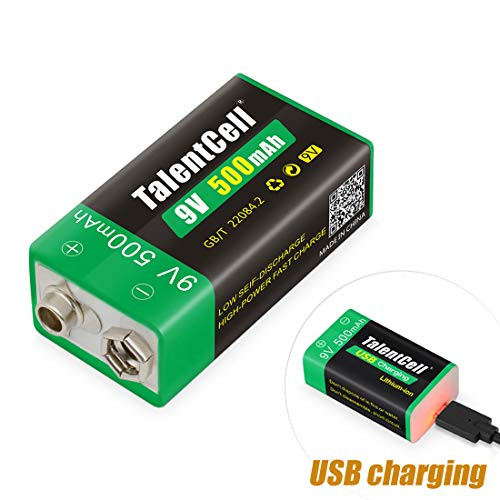 TalentCell 9V Lithium ion Battery, High Capacity 500mAh Rechargeable Li-ion Polymer Battery with Micro USB Charging Port, 1-Pack