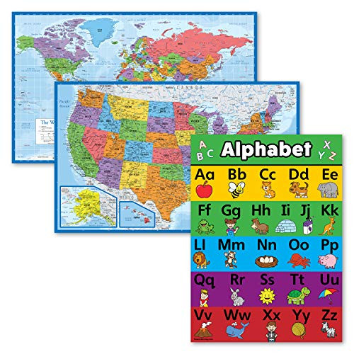 3 Pack - World  and  USA Map Poster Set  Blue Ocean  Plus ABC Alphabet Chart for Kids  Animals   Laminated  18" x 29"