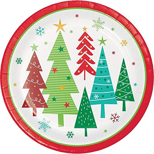 Colorful Christmas Trees Round Dinner Plates  9"  Multicolor  Disposable  8 Pcs.