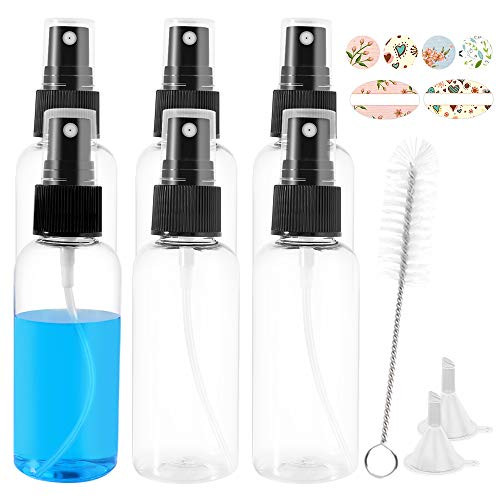 6 Pack 60 ML Clear Plastic Spray Bottles with Fine Mist Sprayer.Refillable  and  Reusable Bottles for Essential Oils Perfumes Cleaning Products Aromatherapy.Included 1 Brush 2 Funnels and  6 Labels.