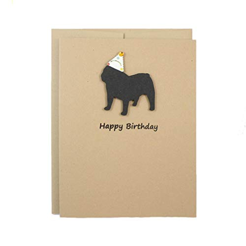 Bulldog Birthday Card  Handmade Black Dog Birthday Greeting Card  Party Hat  Pet Birthday  English Bulldog