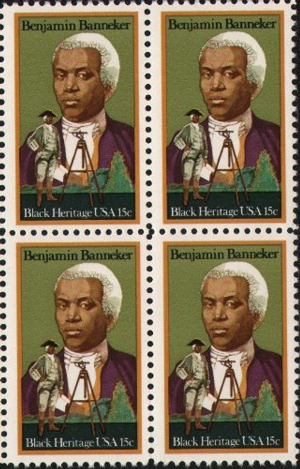 BENJAMIN BANNEKER ~ BLACK HERITAGE ~ ASTRONOMER ~ BLACK HISTORY 1804 Block of 4 x 15¢ US Postage Stamps BENJAMIN BANNEKER ~ BLACK HERITAGE ~ ASTRONOMER ~ BLACK HISTORY 1804 Block of 4 x 15¢ US Postage Stamps