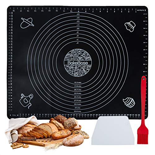 Silicone Pastry Mat with Measurements Extra Thick Nonstick Baking Mat for Rolling Dough with Scraper and Brush  Bread Pizza Pie Fondant Crust Mat  Counter Mat  20" x 16"  Black