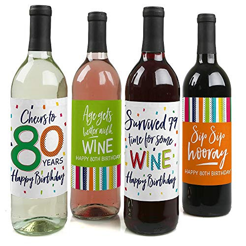 80th Birthday - Cheerful Happy Birthday - Colorful Eightieth Birthday Party Decorations for Women and Men - Wine Bottle Label Stickers - Set of 4
