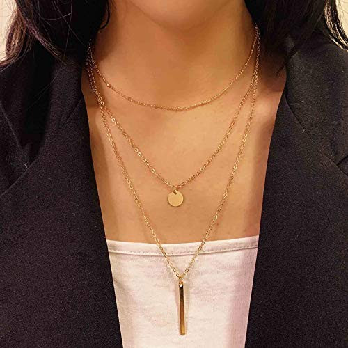 Avanlin Vintage Layered Necklaces Gold Vertical Bar Sequin Coin Pendant Necklace Beaded Satellite Chain Jewelry for Women and Girls