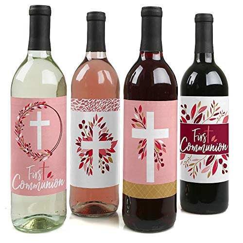 First Communion Pink Elegant Cross - Girl Religious Party Decorations for Women and Men - Wine Bottle Label Stickers - Set of 4
