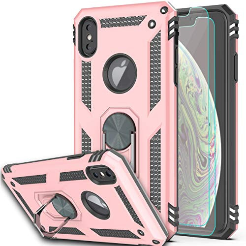 KaiMai iPhone Xs Max Case with HD Screen Protector  2Pack  360 Degree Rotating Ring  and  Bracket Dual Layers of Shockproof TPU and Solid PC Phone Case for Apple iPhone Xs Max  6.5 inch -Rose Gold