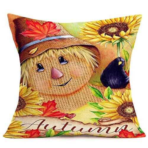 Fukeen Fall Decor Scarecrow Maple Leaf Pillow Covers Harvest Autumn Farmhouse Sunflowers Birds with Lettering Decorative Throw Pillow Cases Cushion Cover Cotton Linen Square 18x18 Inch Pillowslip