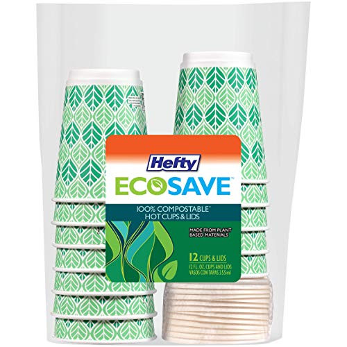 Hefty Ecosave Compostable Disposable Hot Cups with Lids 12 Ounce  White  120 Count  Pack of 10