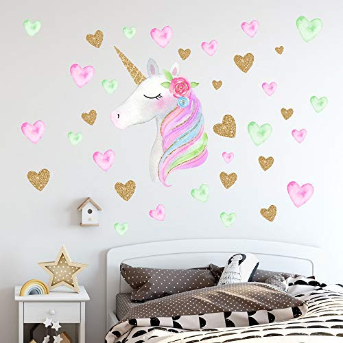 Unicorn Wall Decals,Unicorn Wall Sticker Decor with Heart Flower Birthday Christmas Gifts for Boys Girls Kids Bedroom Decor Nursery Room Home Decor (A-Unicorn)