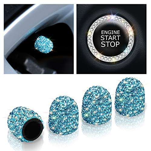 Otostar 4 Pack Valve Stem Caps Universal Bling Car Accessories Crystal Tire Valve Caps for Vehicle Bicycle with Car Bling Ring Emblem Sticker  Lake Blue