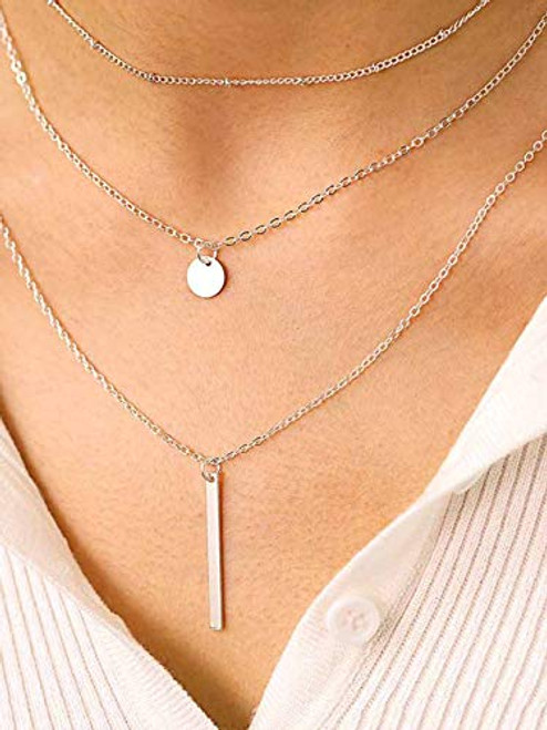 Hermashy Boho Layered Sequin Choker Necklace Silver Bar Pendant Clavicle Chain Necklaces Accessories Jewelry Adjustable for Women Girls  Silver