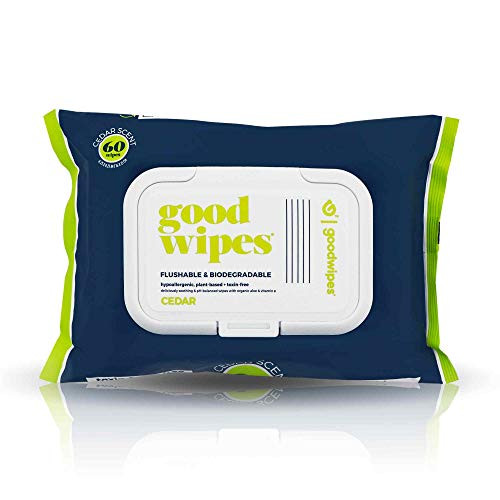 Goodwipes Flushable Butt Wipes  Cedar Scent  Biodegradable with Botanicals  Dispenser for At-Home Use  with Aloe  Septic and Sewer Safe  and  Never Dries Out  60 Count