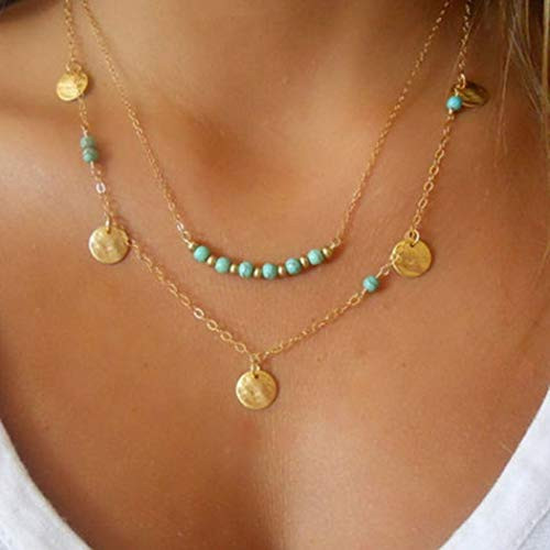 Zehory Boho Layered Sequin Necklace Gold Turquoise Pendant Necklaces Beach Chain Jewelry Adjustable for Women and Girls