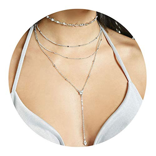 Zehory Boho Layered Crystal Choker Necklace Silver Long Tassel Pendant Y Necklaces Chain Jewelry Adjustable for Women and Girls  2Pcs   Silver 1   Silver 1