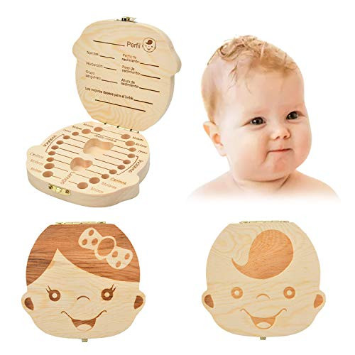 Baby Tooth Keepsake Box  Deciduous Teeth Milk Teeth Saver Boxes  Wooden First Tooth and Curl Memory Container for Child Kids Newborns  Boy-Spanish
