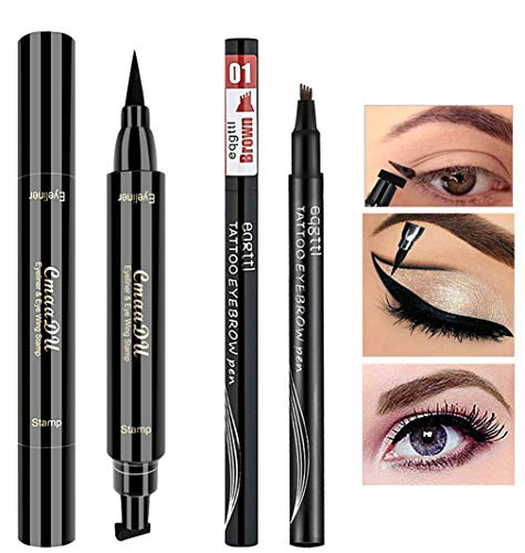 Double-end Winged Eyeliner Stamp Pen Eyebrow Pencil with Eye Makeup Long Lasting Waterproof  and  Smudgeproof Natural Looking Brows 2PCS  Black   Brown