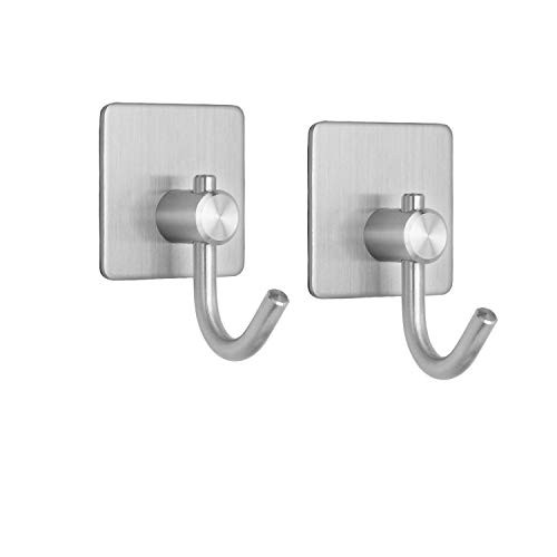 TOGU SUS 304 Stainless Steel Self Adhesive Hook Heavy Duty Wall Hooks Nail-Free Waterproof Stick On Bathroom Kitchen Door for Keys Hats Towel Coats  Brushed Finish 2pcs