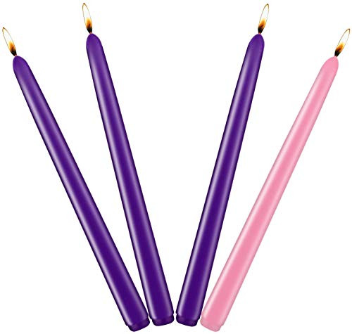 Christmas Advent Candles  Premium Dripless and Smokeless Taper Candles for Seasonal Celebration  4 Pack - 3 Purple and 1 Pink