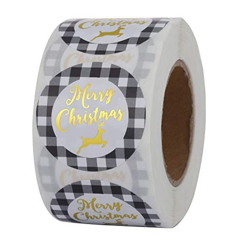 Mangsen Merry Christmas Stickers 1.5" Round Black and White Buffalo Plaid Stickers Roll of 500 Labels for Cards Envelopes Holiday Present Boxes