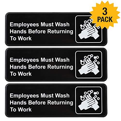 Employees Must Wash Hands Before Returning to Work Sign: Easy to Mount Plastic Safety Informative Sign with Symbols Great for Business, 9"x3", Pack of 3