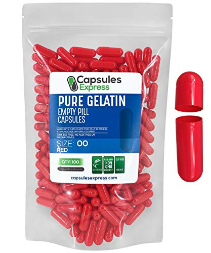 Capsules Express- Size 00 Red Empty Gelatin Capsules 100 Count - Kosher and Halal - Pure Gelatin Pill Capsule - DIY Powder Filling
