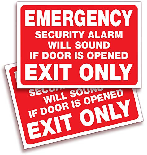 Emergency Exit Only, Security Alarm Will Sound if Door is Opened Signs Stickers  2 Pack 10x7 Inch  Premium Self-Adhesive Vinyl, Laminated,nUV, Weather, Scratch, Water and Fade Resistance