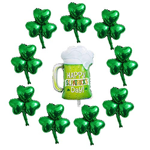 10 Pcs St. Patrick's Day Foil Balloons Clover Shamrock Green Balloon Wine Glass Beer Mug Helium Party Balloons for Saint Patrick's Day Parade Carnival Festival Holiday Irish Day Party Supplies Favors