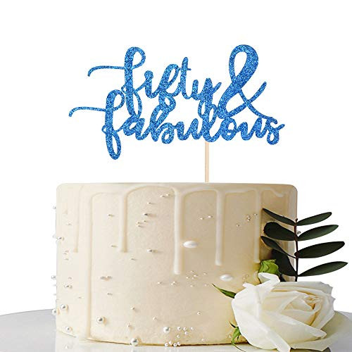 Royal Blue Glitter Fifty  and  Fabulous Cake Topper - 50th Birthday   50th Anniversary Cake Decoration