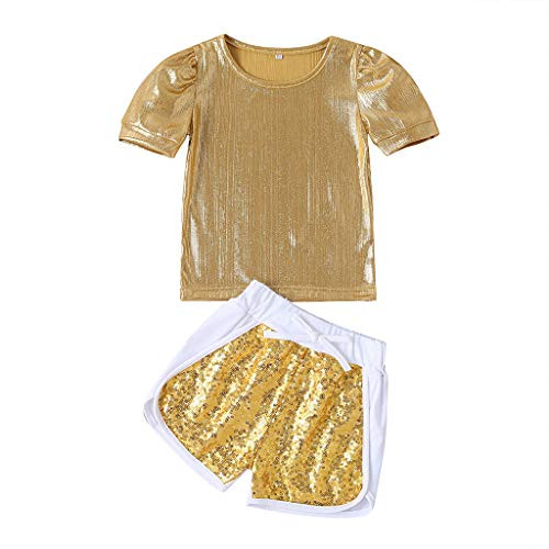 Baby Girls 2pcs Clothes Sets Toddler Short Sleeve Shining T-Shirt Sequins Short Pants Outfits  White Shorts  18-24 Months