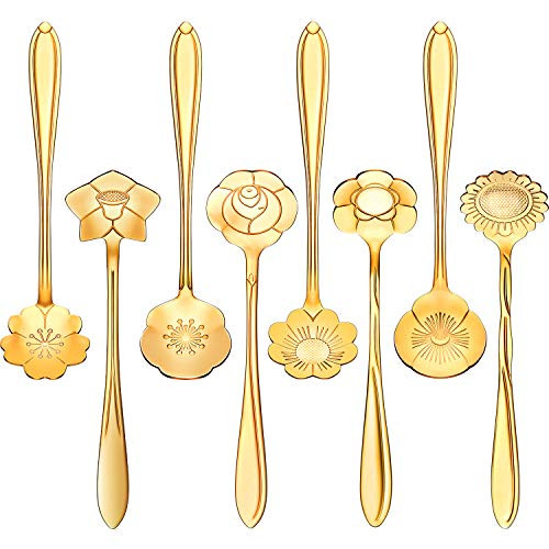 8 Pieces Flower Spoon Coffee Teaspoon Set Stainless Steel Tableware Creative Sugar Spoon Tea Spoon Stir Bar Spoon Stirring Spoon  8 Different Patterns  Gold