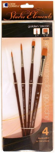 Loew-Cornell 1024919 Studio Elements Short Handle Golden Taklon Round/Shader Brush Set, 4-Piece