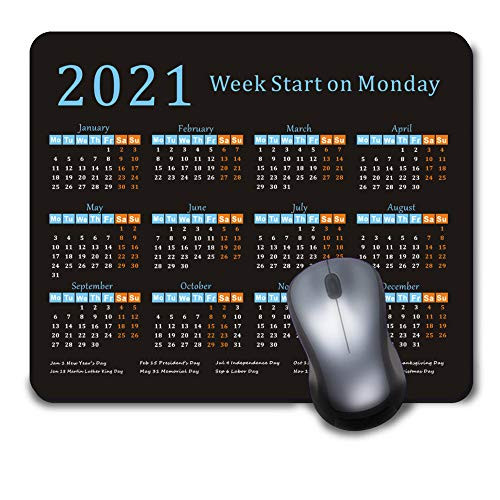 2021 Calendar Mouse Pad with Holidays Gaming Mousepad with Non-Slip Rubber Base for New Year  Black Game and Office Mouse Mat - Week Start on Monday