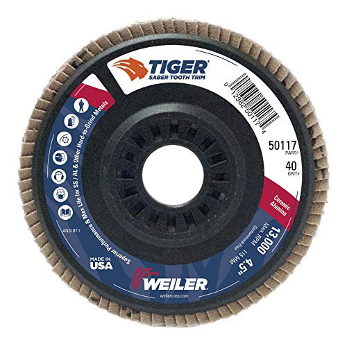 Weiler 50117 4-1 2" Tiger Ceramic Abrasive Flap Disc  Angled  Ty29   Trimmable Backing  40C  7 8" Arbor Hole  Made in the USA Weiler 50117 4-1 2" Tiger Ceramic Abrasive Flap Disc  Angled  Ty29   Trimmable Backing  40C  7 8" Arbor Hole  Made in the USA