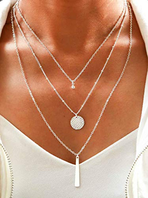 Aetorgc Boho Layered Necklace Chain Bar and Disc Pendant Necklaces Ball Necklace Jewelry for Women and Girls Silver Aetorgc Boho Layered Necklace Chain Bar and Disc Pendant Necklaces Ball Necklace Jewelry for Women and Girls Silver