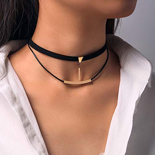 Boaccy Vintage Layered Leather Choker Necklace Bar Pendeant Necklace Short Necklace Chain Jewelry for Women and Girls  BLACK