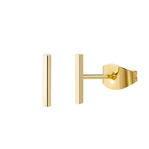CHESKY 14K Gold Plated Dainty Mini Bar Stud Earrings Gold Line Stud Earrings for Women Thin Bar Earrings Simple Linghtweight Earrings Fashion Ear Jewelry Hypoallergenic Minimalist Earrings 5mm