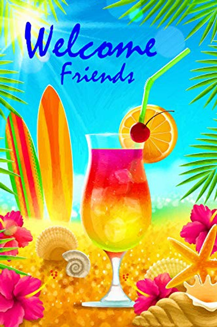 Texupday Welcome Friends Summer Fruit Juice Tropical Palm Flowers Decoration Beach Garden Flag Outdoor Yard Flag 12" x 18"
