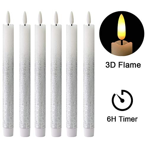 DRomance LED Flameless Taper Candles Battery Operated with 6 Hour Timer, Set of 6 Real Wax Warm Light 3D Wick Flickering Window Candles 0.78" x 9.64" Christmas Home Decoration(Silver Gradient)