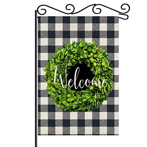 ÖSSZEFUT Welcome Boxwood Wreath Garden Flags Vertical Double Sized  12 x 18 Inch Valentine's Day Burlap Yard Flag Holiday Anniversary Wedding Mother's Day Yard Outdoor Decoration