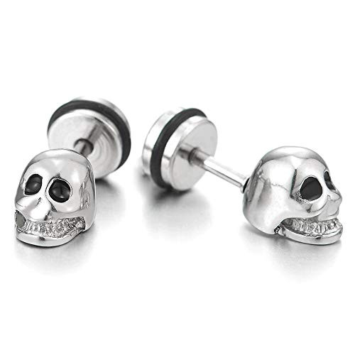 Rock Punk Gothic Small Stainless Steel Silver Black Skull Stud Earrings for Men Women  Screw Back