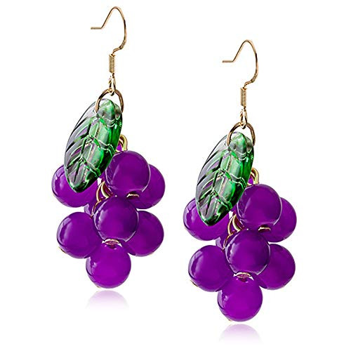 DAMLENG Unique Cute Creative Fruits Dangle Drop Earrings Sparkly Crystal Grape Earring With Green Leaf for Women Girls Statement Jewelry Gifts  Purple