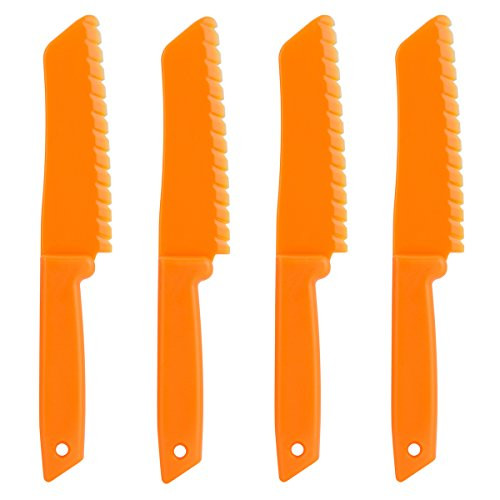 ONUPGO 4-Piece Plastic Kitchen Knife Set - Chef Nylon Knife Children's Cooking Knives Kids Knife for Fruit  Bread  Cake  Lettuce Knife  Salad Knife and Safe Kitchen Knife Orange