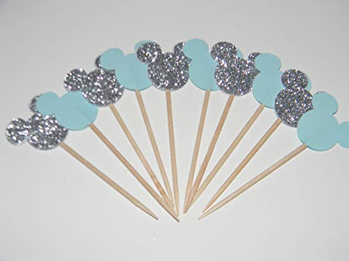 24 Mickey Mouse inspired cupcake toppers - Silver Glitter  and  Baby Blue - food picks birthday Baby party decor shower supplies