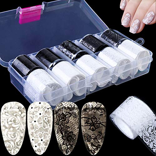 Holographic Nail Foil Transfer Stickers Flower Lace Foils Nail Art Stickers Black White Nail Art Supplies Adhesive Acrylic Nails Design Transfer Nail Art Foil Decals Manicure Tips Wraps  10 Rolls