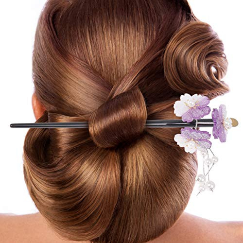 Pixnor Vintage Flower Hair Stick Flower Design Wooden Handmade Hair Chopstick with Tassel Chinese Style Retro Hairpin for Women Girls Purple