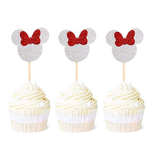 Ercadio Silver Minnie Mouse Inspired Cupcake Toppers with Red Bow Glitter Mini Cupcake Picks Baby Shower Kids Birthday Party Cake Decorations 24 PCS