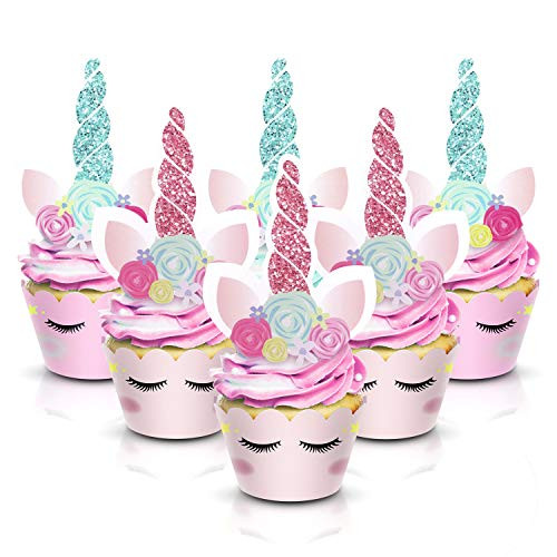 ForPeak Unicorn Cupcake Toppers Wrappers Set of 24 | Birthday Party set, Unicorn Party Glitter Cupcake Wrappers for Baby Shower, Wedding and Birthday Party
